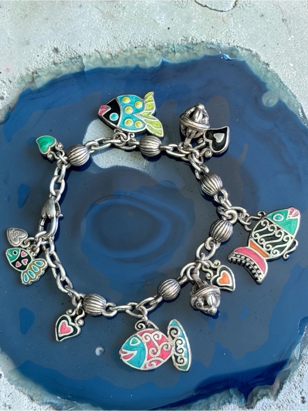 Brighton Silver Fish & Heart Enamel Charm Bracelet - Turquoise Pink Green